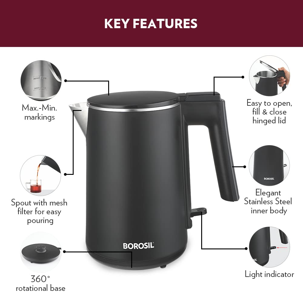 Borosil Cooltouch Electric Kettle, Stainless Steel Inner Body Coffee, Soup, 1 L
